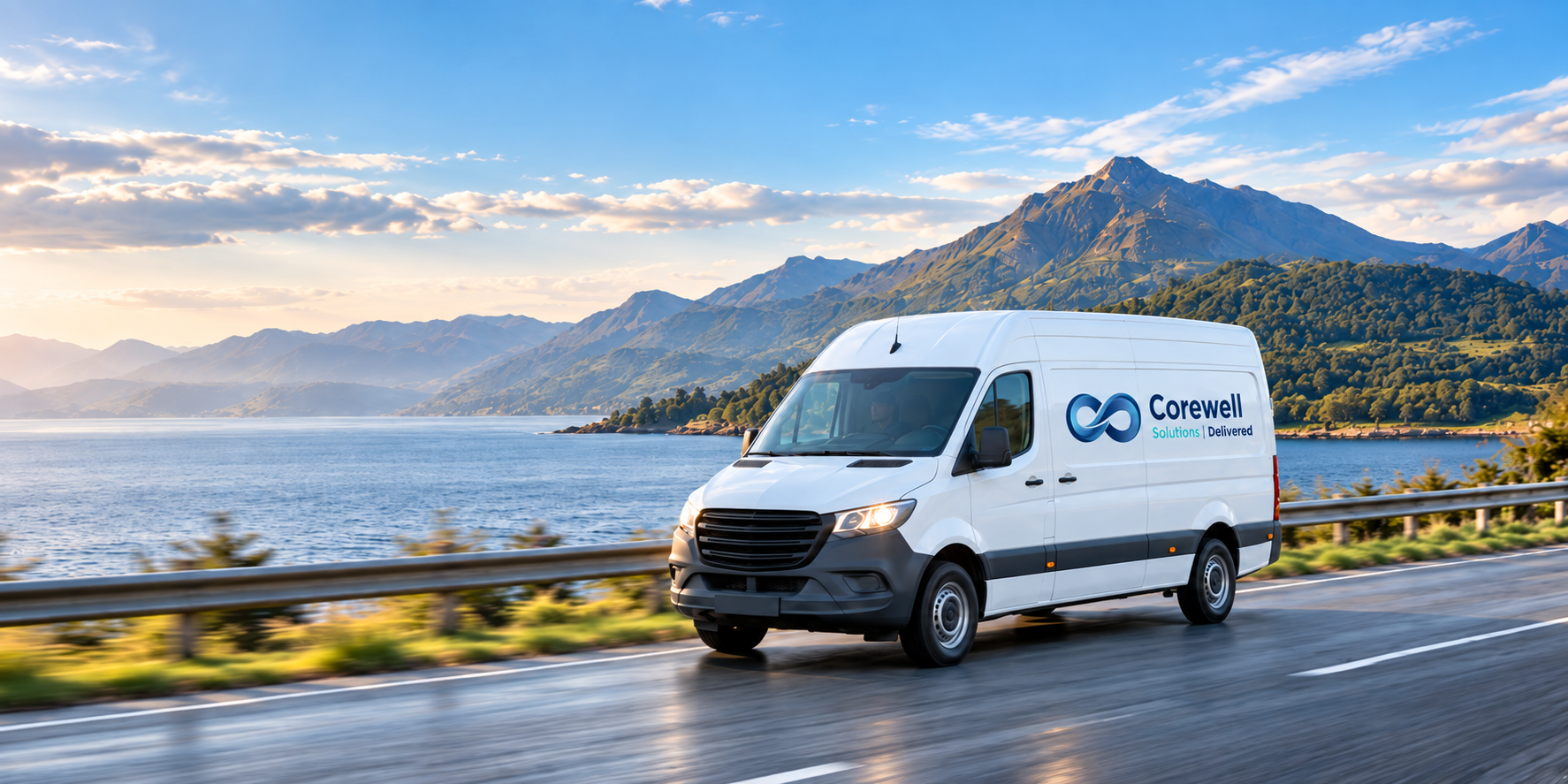 Corewell Solutions van driving along a Scottish loch